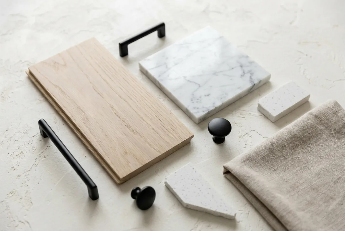 Renovation material samples: white oak, marble tile, matte black hardware, quartz and linen on a plaster surface