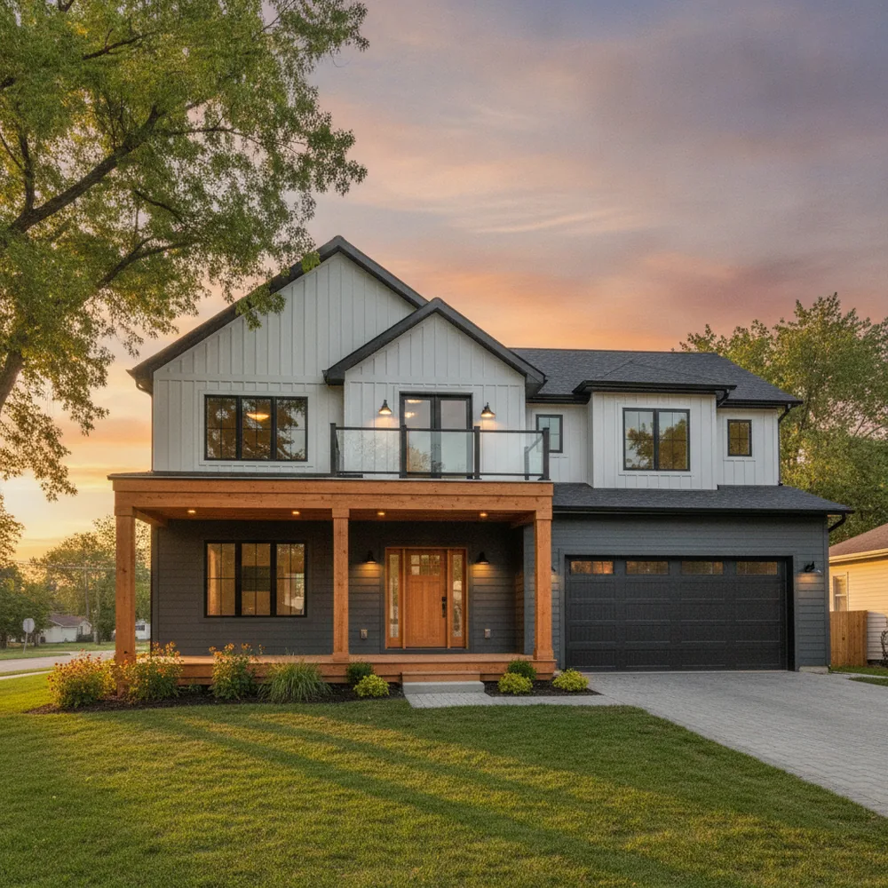 A two story Des Moines home after renovation with black windows, board and batten siding and a cedar porch
